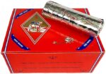 Red Three Kings box of 100 quick-lighting charcoal briquets with a foil-wrapped roll resting on top.