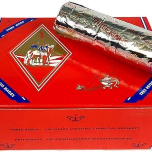 Red Three Kings box of 100 quick-lighting charcoal briquets with a foil-wrapped roll resting on top.